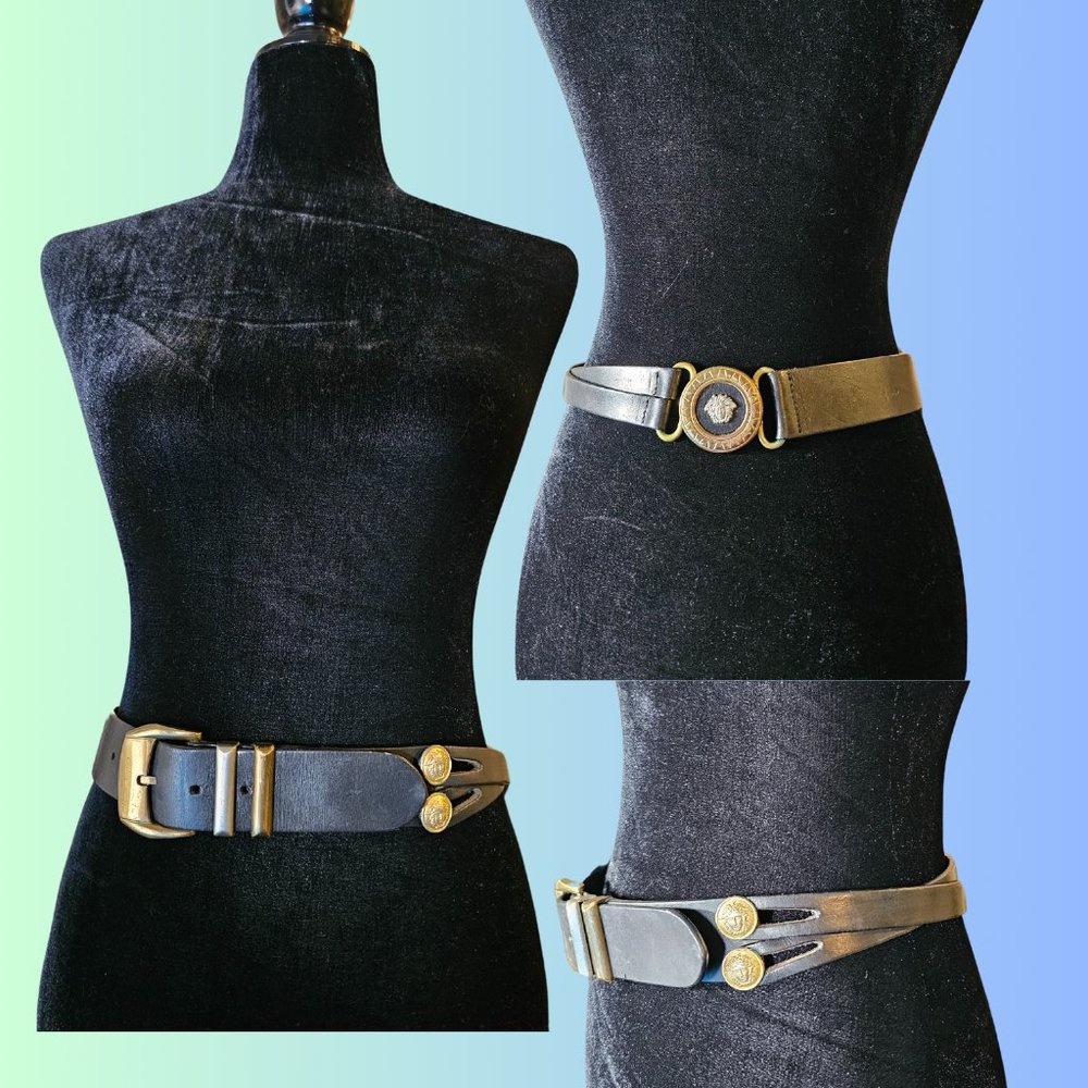 GIANNI VERSACE Vintage Metal Logo Genuine Leather Belt for Unisex, Excellent gor